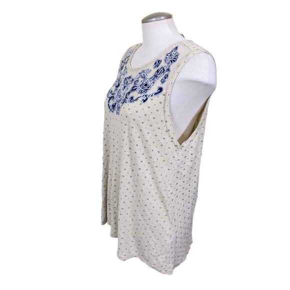 Lucky Brand Tank Top Womens Size XL Linen Blend Beige Blue Applique Diamond Dot - Picture 6 of 8